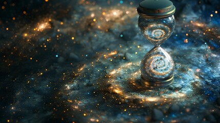 A star galaxy spiraling into the narrow waist of an hourglass an abstract visual metaphor for times relentless march through the cosmos - obrazy, fototapety, plakaty