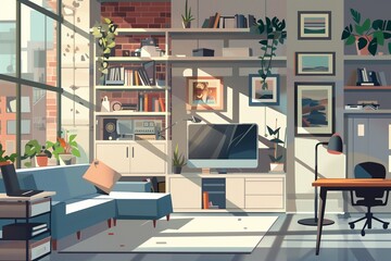 A cozy urban living room interior, illustrating a trendy and comfortable lifestyle, suitable for real estate and design.