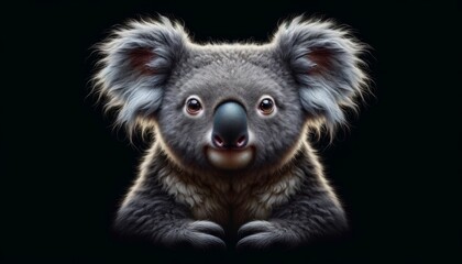 Naklejka premium Koala Portrait Isolated on a Dark Background. A Symbol of Australian Wildlife. Realistic Digital generated Koala Animal Mascot Avatar. 