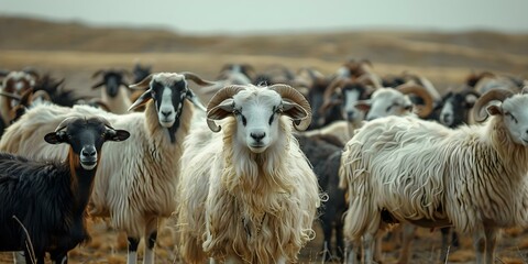 Rams and Goats in Uzbekistan: A Gathering. Concept Wildlife Photography, Animal Conservation, Central Asian Ecology - obrazy, fototapety, plakaty