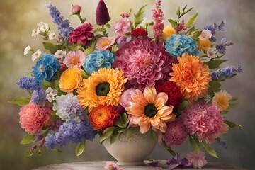 Create an enchanting image of a vibrant bouquet bursting with a variety of colorful blooms, each petal delicately detailed. - 31