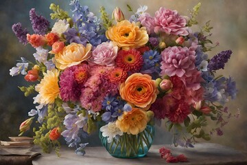 Create an enchanting image of a vibrant bouquet bursting with a variety of colorful blooms, each petal delicately detailed. - 35