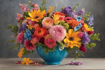 Create an enchanting image of a vibrant bouquet bursting with a variety of colorful blooms, each petal delicately detailed. - 33