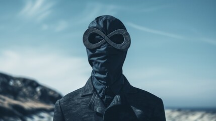 Man with infinity mask in surreal landscape.