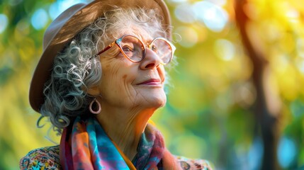 Elderly lady gazing upwards with hope. - obrazy, fototapety, plakaty