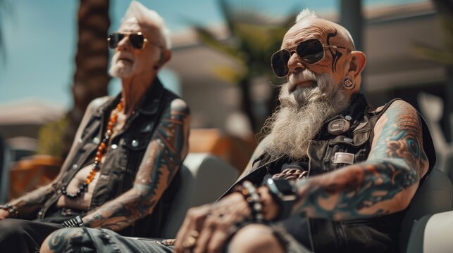 Older bikers with tattoos relaxing outdoors.