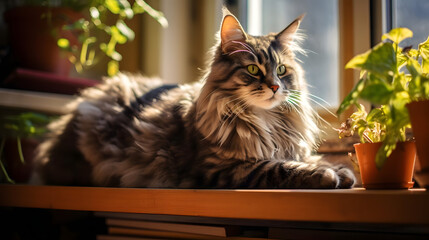 Majestic Cat on Sunlit Shelf