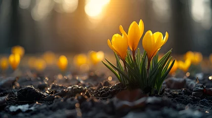 Poster This warm image captures the striking yellow crocuses bathed in the golden light of the setting sun, contrasting against the earthy tones of the soil © mandu77