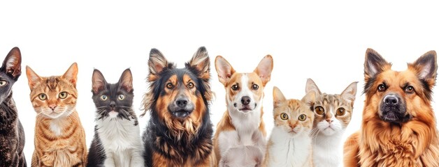 a large group of cats and dogs sitting together against a pristine white background in a panoramic photograph, offering high-resolution rendering without shadows or text