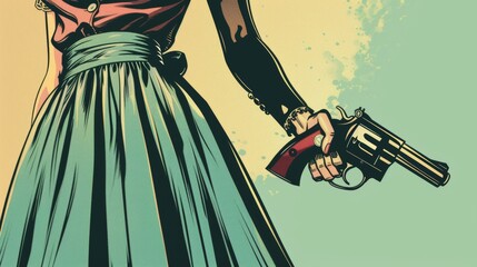 Vintage comic book style of an elegant long skirt female holding a revolver pistol