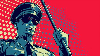 Vector illustration of police officer with baton stick in hand. Comic book.