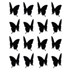 Abstract modern seamless pattern of monarch butterfly contours on white background for decoration design. Flock of silhouette black butterflies on white background. - obrazy, fototapety, plakaty