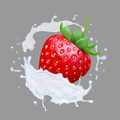 Strawberry in realistic milk splash. 3d vector.