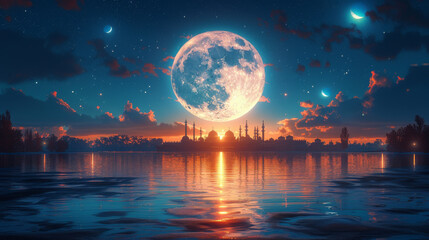 Obraz na płótnie Canvas A stylized vibrant illustration of a mosque under a big moon