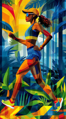 Obraz na płótnie Canvas Abstract cubist-style illustration of a fit woman exercising outdoors