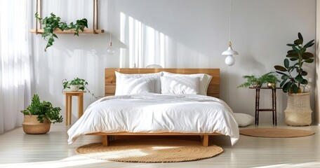 White Pillows Complement Wooden Bed in Bedroom Oasis with Plants and Round Rug