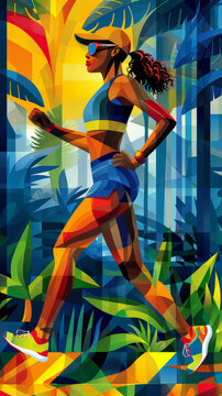 Abstract cubist-style illustration of a fit woman exercising outdoors