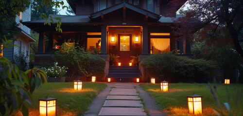 Twilight scene of a Craftsman house with glowing lanterns along the walkway