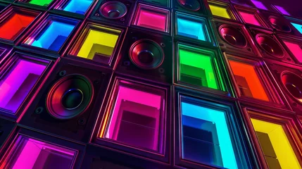 Fotobehang tweeter speaker in 16 squares, bright colors, pop art style a big server rack with alot of servers blinking © BOMB8