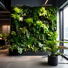 A modern office adorned with a vibrant green living wall, featuring perennial plants as part of urban gardening landscaping interior design. The fresh green vertical plant wall adds a touch of natural