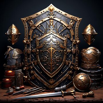 In a vast medieval armory, rows of gleaming swords, shields, and armor stand ready for the noble knights preparing to face the challenges of battle. The scene is illuminated. Ai Generated Illustration