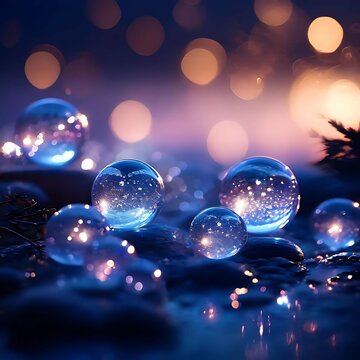A mesmerizing and elegant bokeh background captures a plethora of soft, glowing orbs set against the deep twilight blue of a festive night. This enchanting image exudes a sense of magic and style.