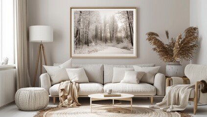A beautiful framed photo of a winter forest hanging on the wall above the sofa in a modern living room