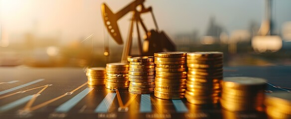 gold coins stack with rising graph line on the table, oil pump in the background, representing business growth or financial trends inthe Oil & Gas industry. generative AI