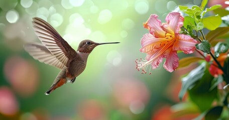 Brown Inca Hummingbird Amidst Pink Floral Splendor in the Tropic Forest