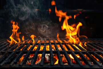 Empty Fired Barbecue On Black Background, Barbecue Grill With Fire Flames, Generative Ai