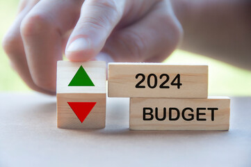 Budget 2024 text on wooden blocks with indication budget up and down. Budgeting concept