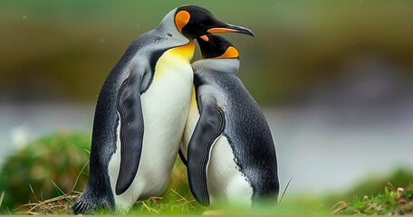 King Penguins Romantic Encounter in Green Surroundings