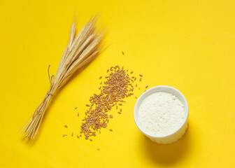Spikelets of wheat, grains and flour on yellow background.