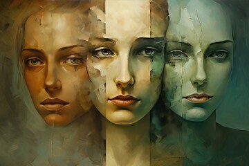 Depiction of multiple personality disorder with three female faces