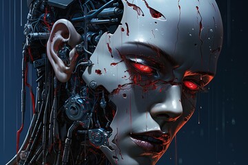 Portrait of a female cyborg with red eyes looking sad in the rain