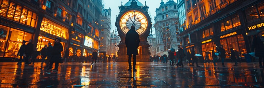 City clock musings: Man reflecting amidst the urban rush