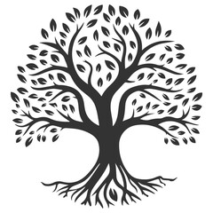 Obraz premium A tree with leaves is shown in black. Vector icon, logo.