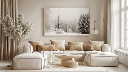 Elegant living room with a framed print of a beautiful winter landscape hanging on the wall