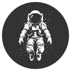 Vector icon or logo illustration of a black and white astronaut wearing a helmet and a space suit.