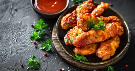 Chicken Strips Paired with Tangy Tomato Sauce and Vibrant Parsley on a Rustic Backdrop