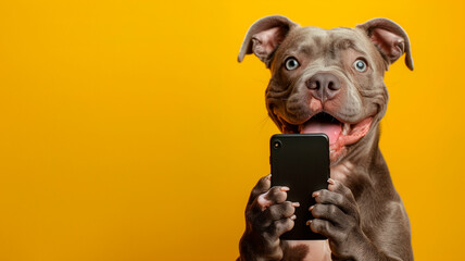 dog American Bully holding a cell phone with its paws on a plain yellow background simulating a...