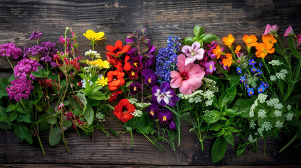 Fototapeta na wymiar Vibrant Display of Edible Flowers and Herbs