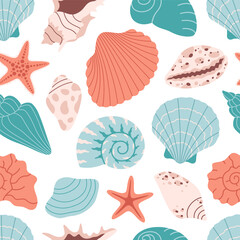 Seamless pattern with sea shells, mollusks, sea ​​snails. Tropical beach shells. Summer seamless pattern. Vector illustration in flat style