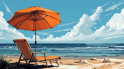 Seaside view with an umbrella beach chair - obrazy, fototapety, plakaty