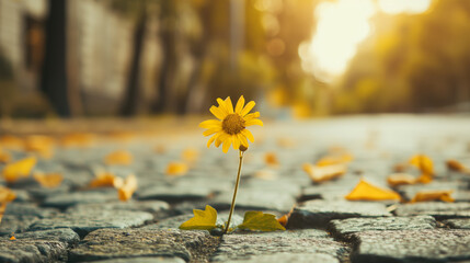 Single Yellow Flower Growing on a Cobblestone Path. Resilient Daisy Blooming Through Pavement at Sunset