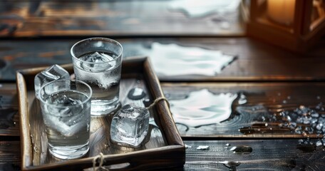 Vodka Shot and Ice on Wooden Background, Served Ready