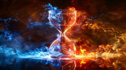 The dance of fire and ice around an hourglass symbolizing the dual forces shaping our perception of time from urgency to calm