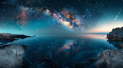 The Milky Way mirrored on the calm sea stars and galaxies blending with the gentle waves a celestial dance at the horizon