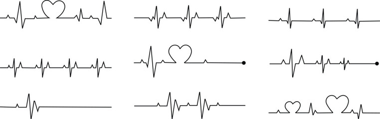 heart rhythm set , Electrocardiogram, ECG - EKG signal, Heart Beat pulse line concept design element isolated on transparent background, Concept of sport. Signs of rhythm, healthy life unhealthy ecg.