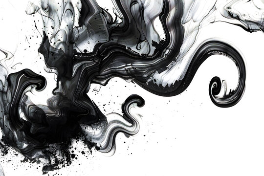 Black and white watercolor paint swirls on white background.